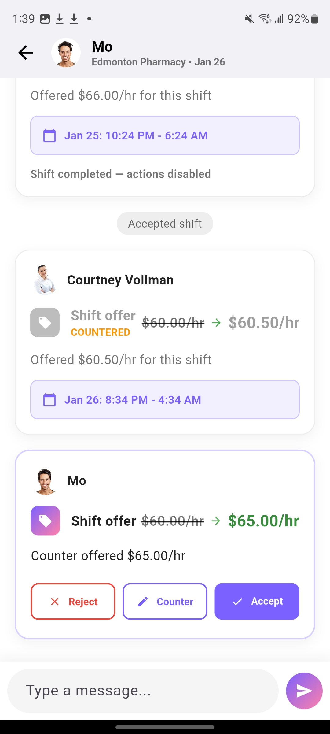 Real-time pharmacy shift negotiation - send and receive offers instantly on ReliefU